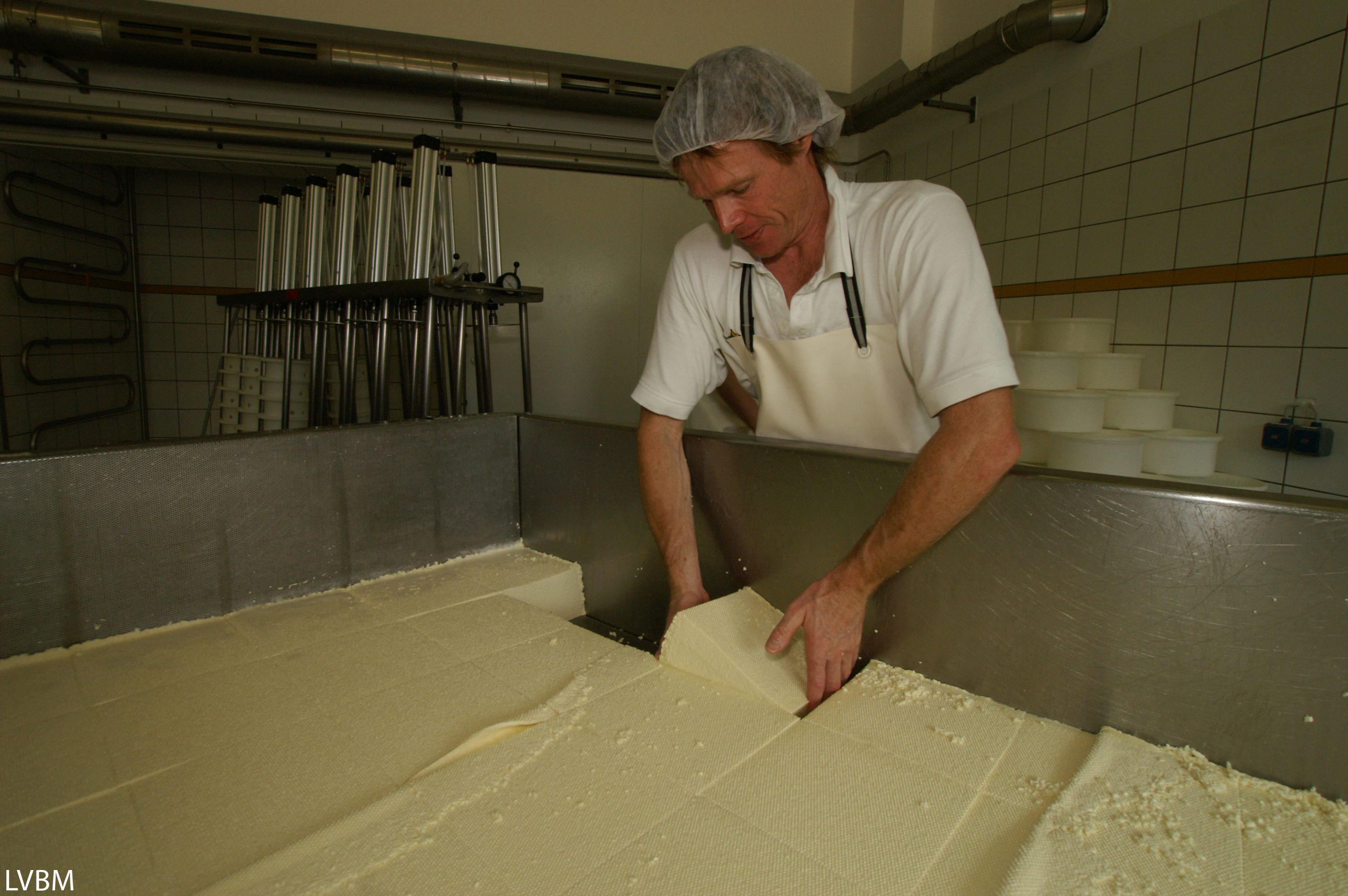 Mann bei der Käseproduktion