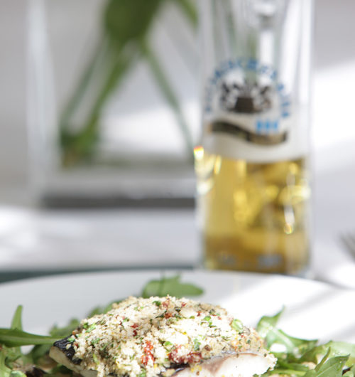 Meerwolf mit Dunkelbier-Balsamico-Dressing